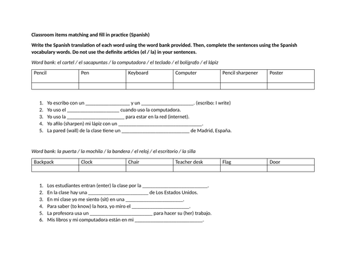 Classroom items matching and fill in practice (Spanish)