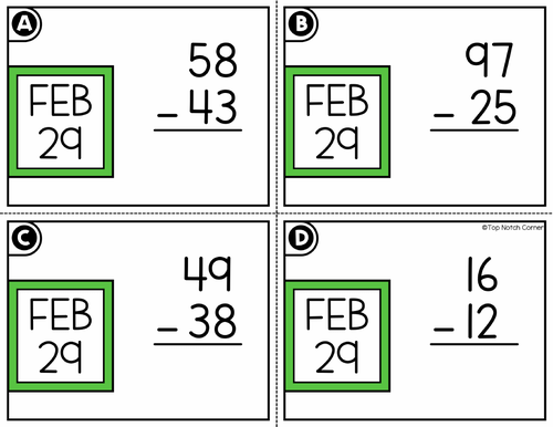 Leap Day Year 2024 2 Digit Subtraction without Regrouping Task Cards