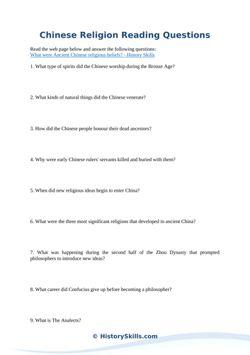 Ancient Chinese Religion Reading Questions Worksheet