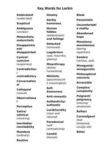 Key Vocabulary to Describe Larkin's Poetry