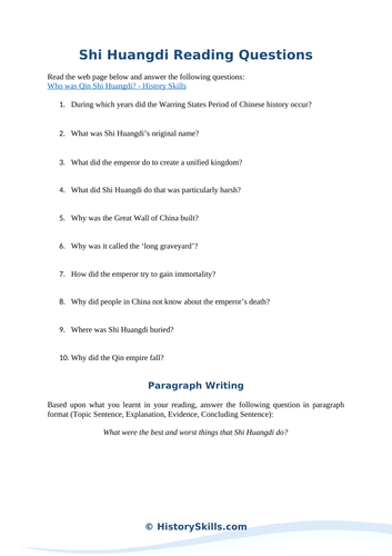Emperor Qin Shi Huangdi Reading Questions Worksheet