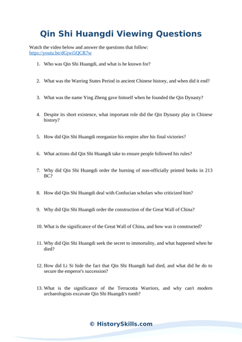 Emperor Qin Shi Huangdi Video Viewing Questions Worksheet