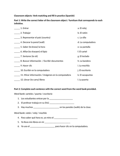 Classroom objects: Verb matching and fill in practice (Spanish)
