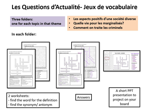Les Questions d'Actualité- Vocabulary games/ worksheets- A Level French