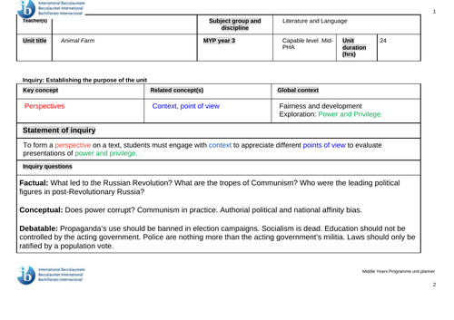 Y3 MYP Literature and Language Animal Farm Unit Plan