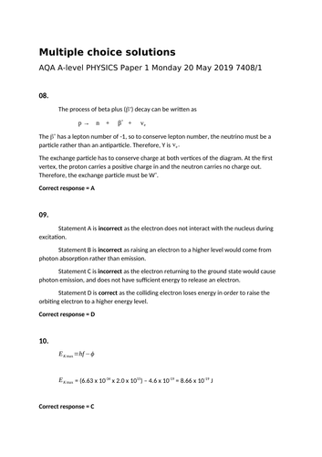 Solutions to AQA A level Physics Multiple Choice 2019