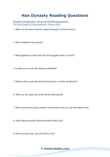 Han Dynasty Reading Questions Worksheet