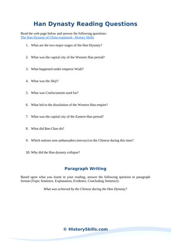 Han Dynasty Reading Questions Worksheet