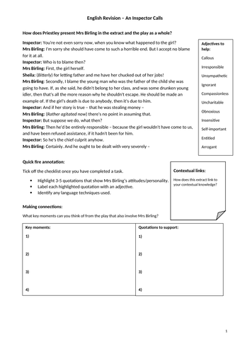 An Inspector Calls Revision Worksheets