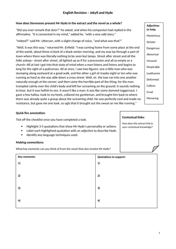 Jekyll and Hyde Revision Worksheets