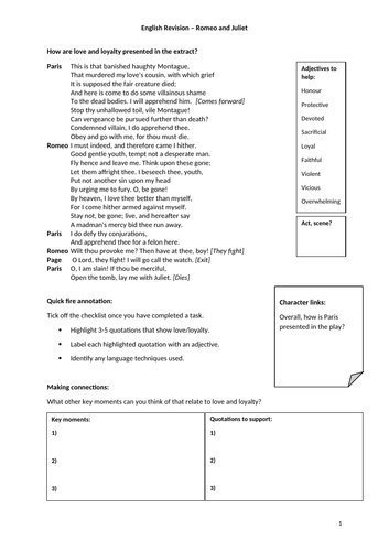 Romeo and Juliet Revision Worksheets