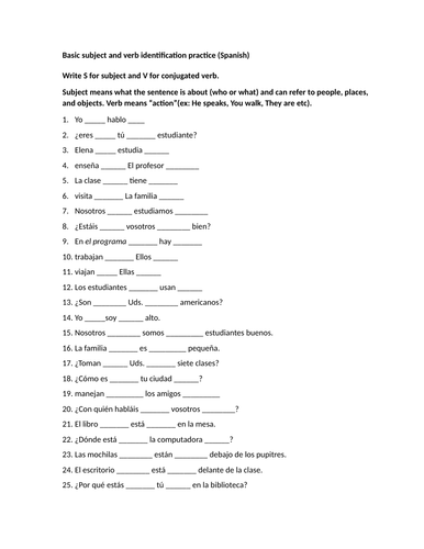 Basic subject and verb identification practice (Spanish) | Teaching ...