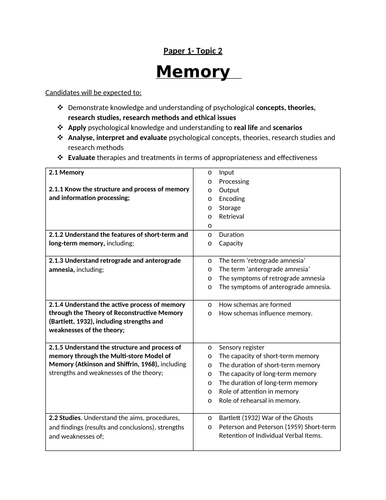 Edexcel GCSE Psychology - Topic 2 Memory Student Spec