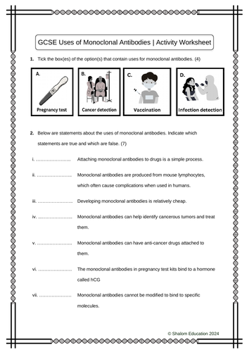 GCSE Biology - Uses of Monoclonal Antibodies Activity Worksheet