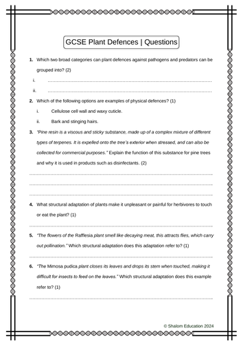 GCSE Biology - Plant Defences Practice Questions