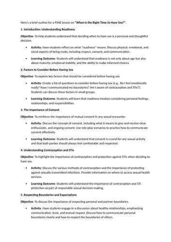 PSHE lesson ideas on When is the right time to have sex?