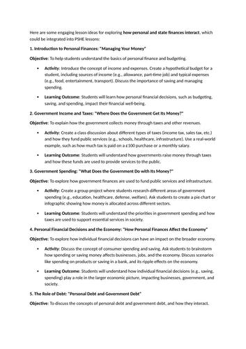 PSHE - Lesson ideas on how personal and state finances interact?