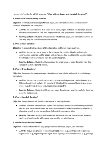 PSHE lesson idea - What is blood, organ and stem cell donation?