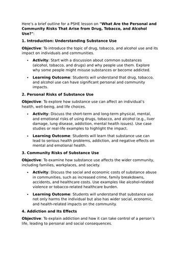 PSHE - Ideas on the personal and community risks that arise from drug, tobacco and alcohol use?