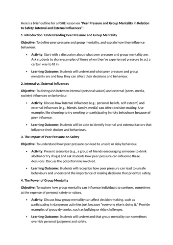 lesson plan Peer pressure /group mentality in relation to safety (internal and external influences)