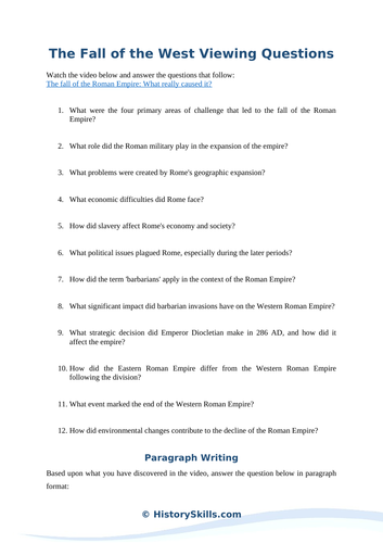 The Fall of the Western Roman Empire Video Viewing Questions Worksheet