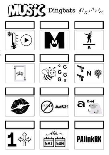 Music Dingbats Quiz Lesson Filler - 12 Question - Singers and Bands