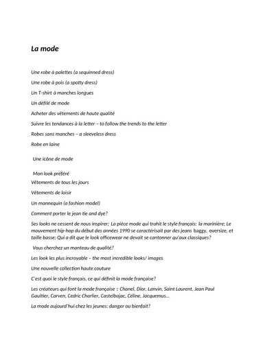 French GCSE Revision sheet: discussing fashion LA MODE