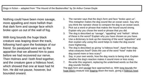 KS2, KS3, Dogs in Fiction "The Hound of the Baskervilles" Conan Doyle CRR Cover HW Guided reading