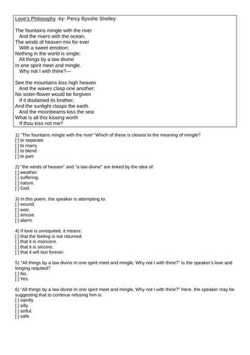 "Love's Philosophy" Percy Bysshe Shelley Quiz HW Revision Pre Teach Guided Reading