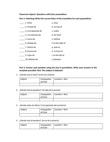 Classroom objects: Questions with Estar prepositions