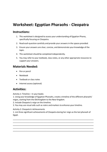 Worksheet: Egyptian Pharaohs - Cleopatra