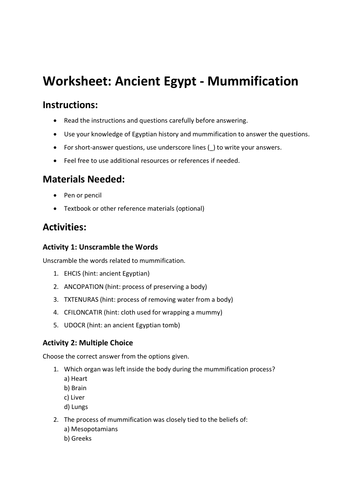 Worksheet: Ancient Egypt - Mummification