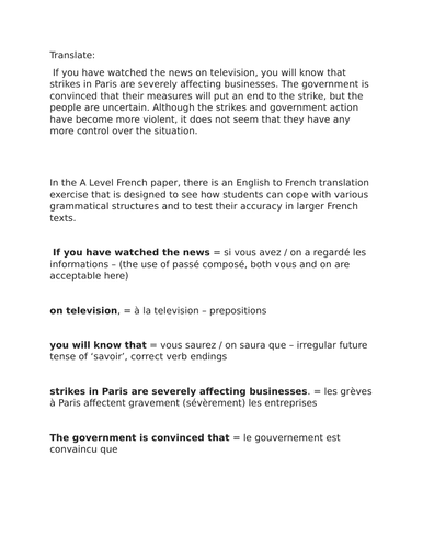 French A LEVEL TRANSLATION exercises with answers