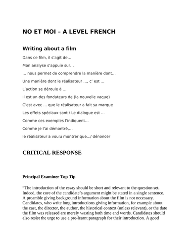 A LEVEL FRENCH essay questions on "No et Moi" - revision aid
