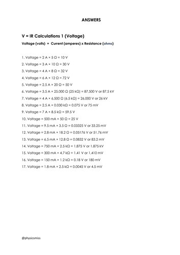 GCSE Physics Worksheets [V = IR] Calculations  w solutions