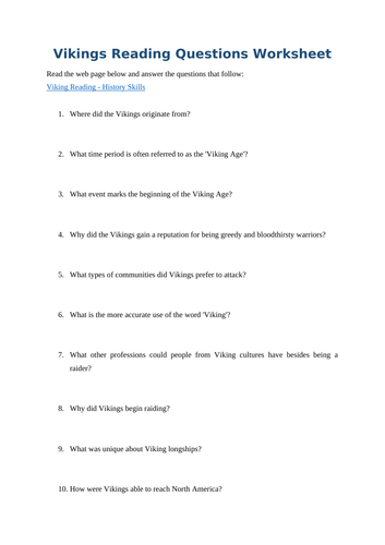 Introduction to the Vikings Reading Questions Worksheet