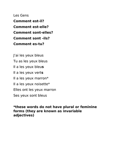French GCSE revision sheet "Comment est-elle? Comment est-il?" describing people