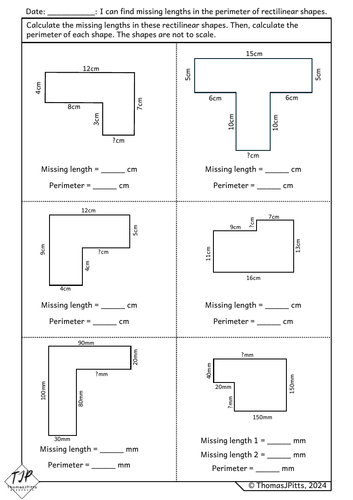 Find missing lengths and perimeters of rectilinear shapes