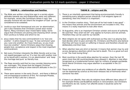 Evaluation points - THEME A, B, D and E - AQA GCSE religious studies