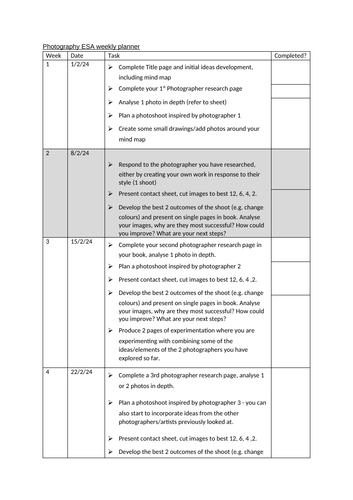 Weekly planner for A Level Photography ESA | Teaching Resources