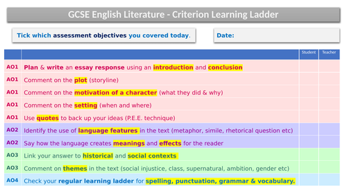 GCSE English Literature Criteria Tick List SpLD Friendly