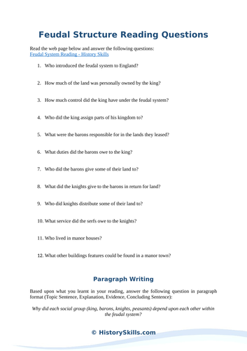 Medieval Feudal System Reading Questions Worksheet