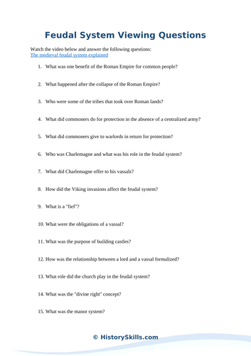 Feudal System Video Viewing Questions Worksheet