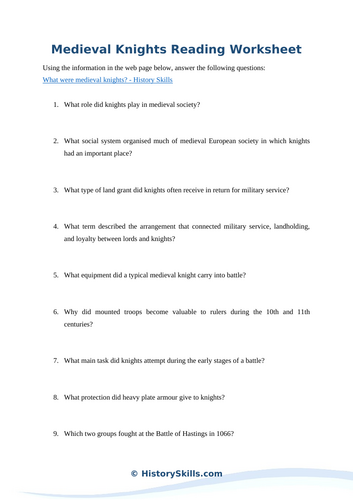 Medieval Knights Reading Worksheet