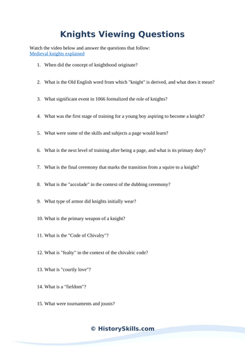 Medieval Knights Video Viewing Questions Worksheet