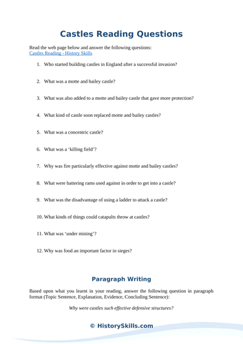 History of Medieval Castles Reading Questions Worksheet