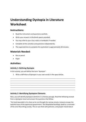 Understanding Dystopia in Literature Worksheet