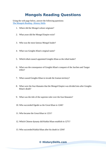 The Mongols Reading Questions Worksheet