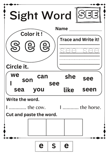 sight word see worksheets for kindergarten