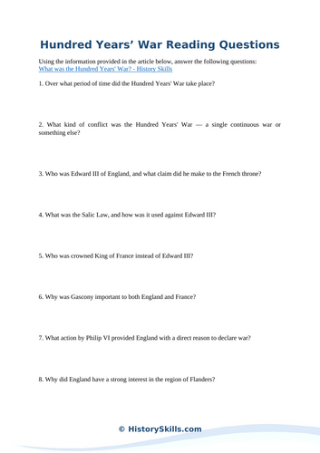 Hundred Years’ War Reading Questions Worksheet